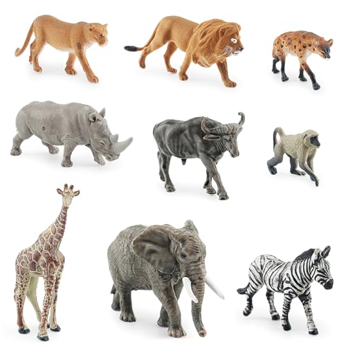 animali in plastica grandezza naturale BRISKORE Safari Animal Toys - Set di 9 statuette di animali della foresta, giocattolo da zoo, animali da fattoria, personaggi di animali, giocattoli per bambini