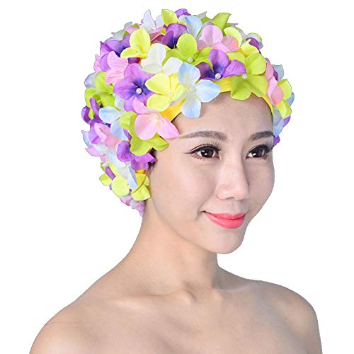 cuffie da bagno anni 60 Cuffia da nuoto da donna, stile rétro, traspirante, con fiori, cuffia da bagno, Multicolore, Taglia unica