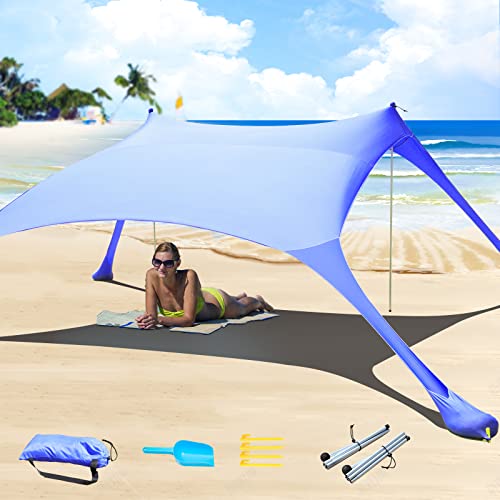 tenda parasole spiaggia CUUPO Tenda da spiaggia UPF50+, protezione UV, piccola tenda da sole per esterni, con 2 pali per campeggio, spiaggia, pesca, cortile e picnic, Blu Reale