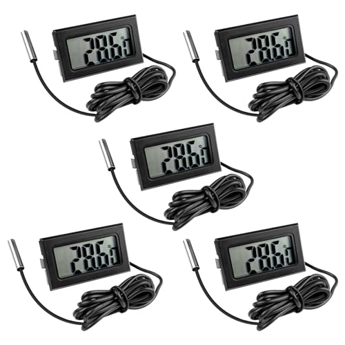 termometro con sonda a filo Gvolatee 5 Pezzi Termometro Digitale, Sonda Termometri per Frigo Acqua, Mini LCD Termometro Digitale Monitor di Temperatura con Sonda Esterna Impermeabile per Frigorifero Congelatore Acquario