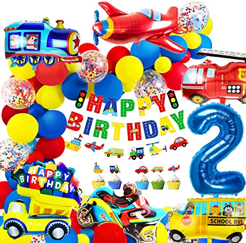 immagini buon compleanno 2 anni iZoeL Decorazione Compleanno di Flotta di Trasporto 2 Anni, Corona Buon Compleanno Scuolabus Treno Camion dei Pompieri Aereo Moto Palloncini in Foil Cake Topper, per Bambini Auto Festa a Tema