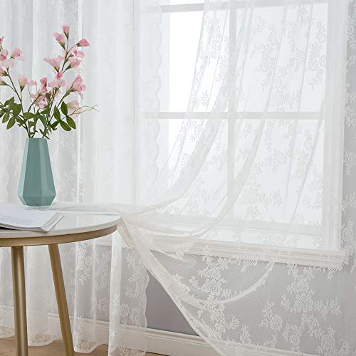 tende pizzo macrame MIULEE Tende in pizzo trasparente ricamate floreali con bordi smerlati, tende in voile bianco con motivi floreali, tende filtranti per camera da letto, soggiorno, 2 x 150 x 245 cm