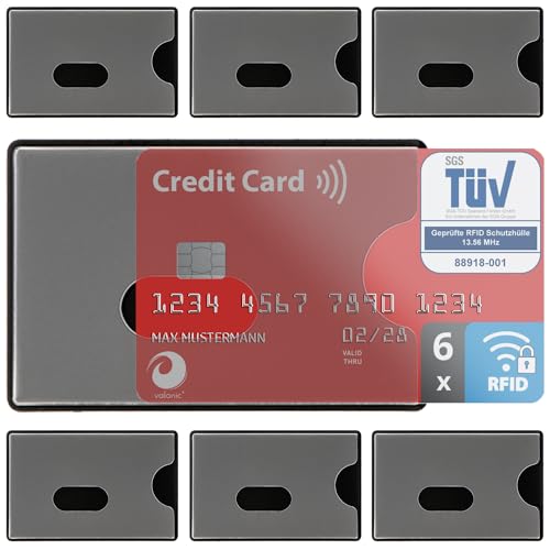 custodia per carta di credito antismagnetizzazione valonic Custodia RFID Blocker – 6 pezzi – Certificazione TÜV – Plastica – Trasparente – Custodia NFC – Custodia per carte di credito e carte di credito, trasparente, 6x Seiteneinschub, Porta carte di
